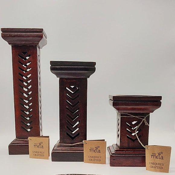 My Mela Mela Artisans Set of 3 Pillar Candle Holder Dark Wood Handmade Column - Picture 1 of 16